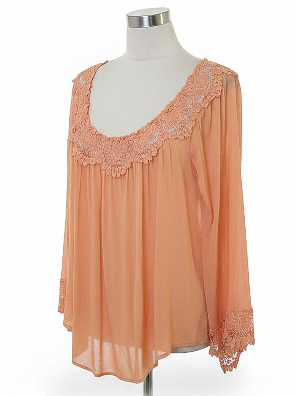 NWT! Hint Of Mint Peach Crochet Yoke Sheer Blouse
